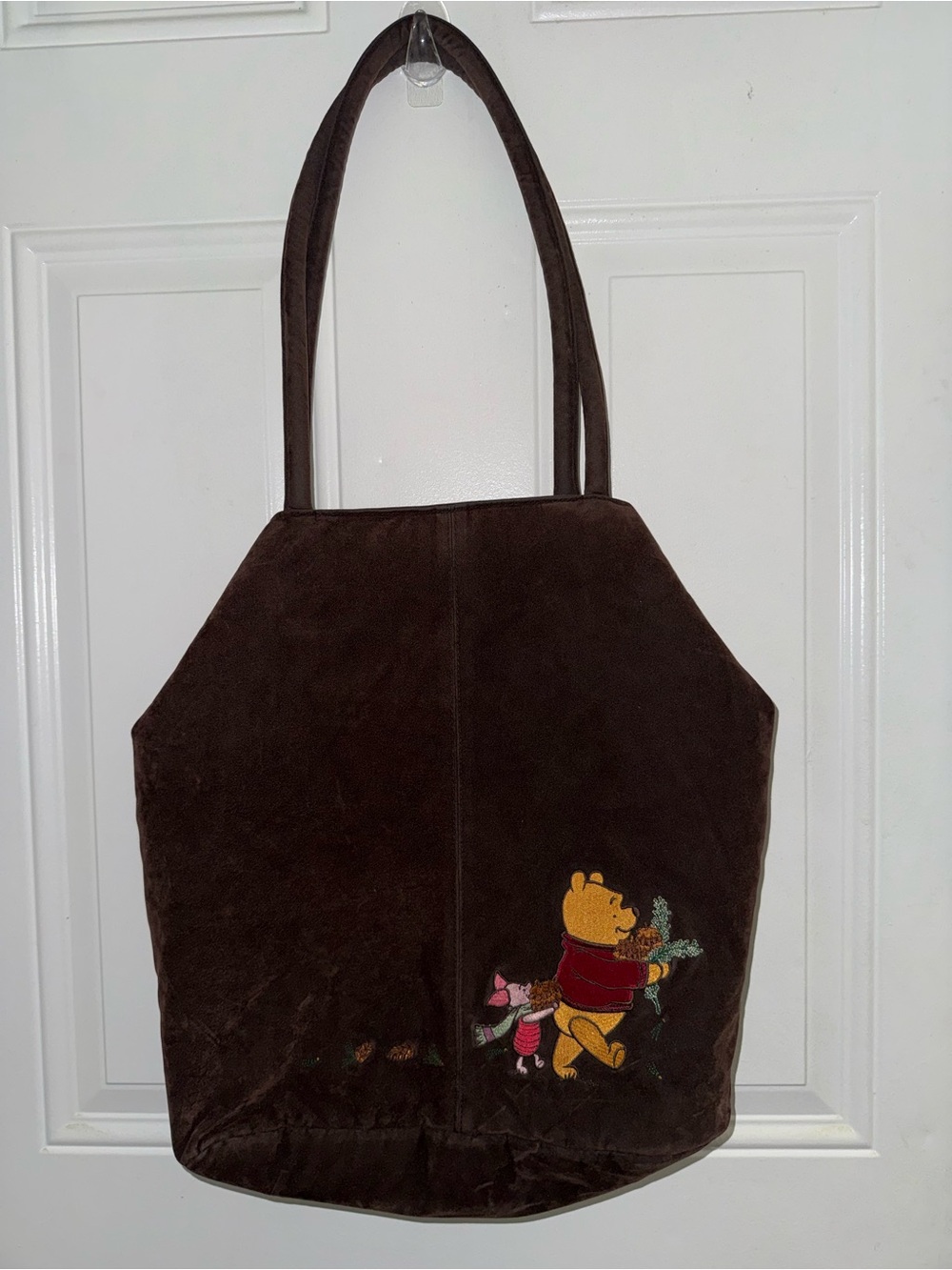 Vintage Dark Brown Winnie the Pooh Embroidered Suede Tote Bag